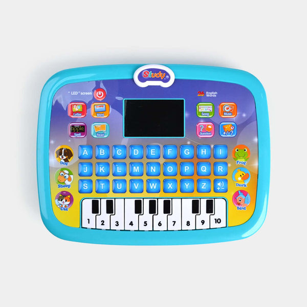 Children's toy keyboard with colorful keys and a screen on a white background